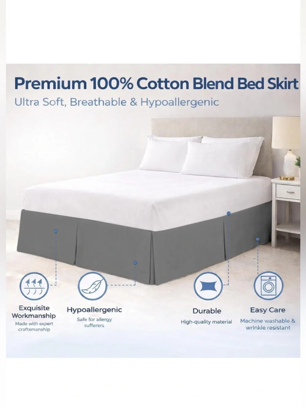 KING Bed Skirt 9” Drop Tailored Fit Split Corner 100% Cotton - Dark Gray